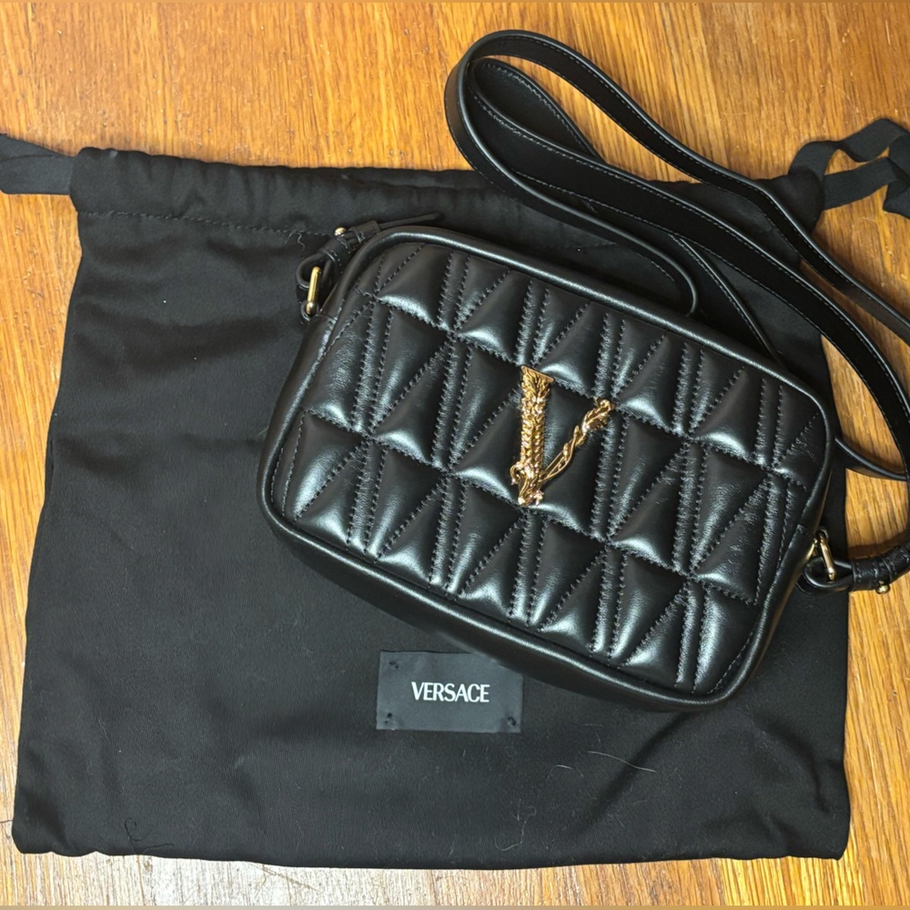 Versace Black Quilted Crossbody with Gold Accent